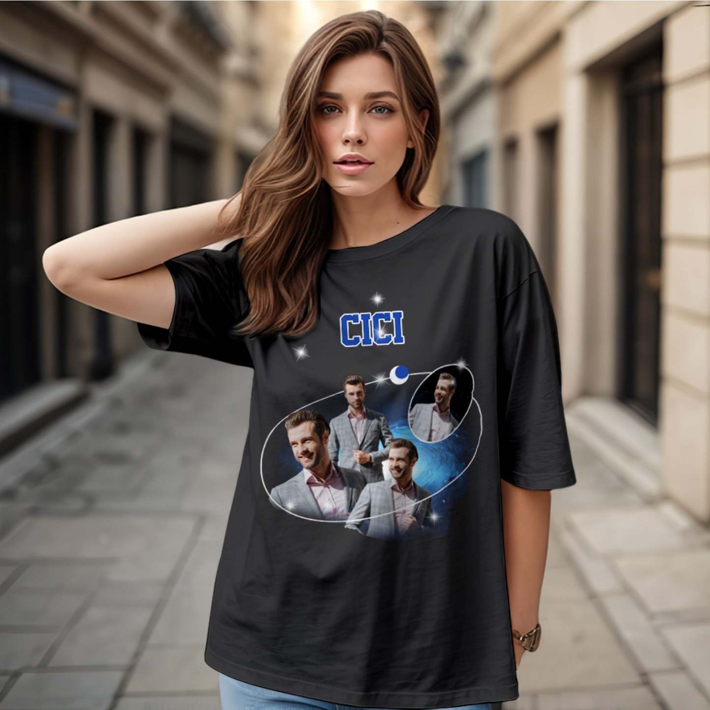 Benutzerdefiniertes Foto Und Name Vintage T-shirt Cosmic Galaxy Und Crescent Moon Vintage T-shirt Geschenk Für Frauen - 