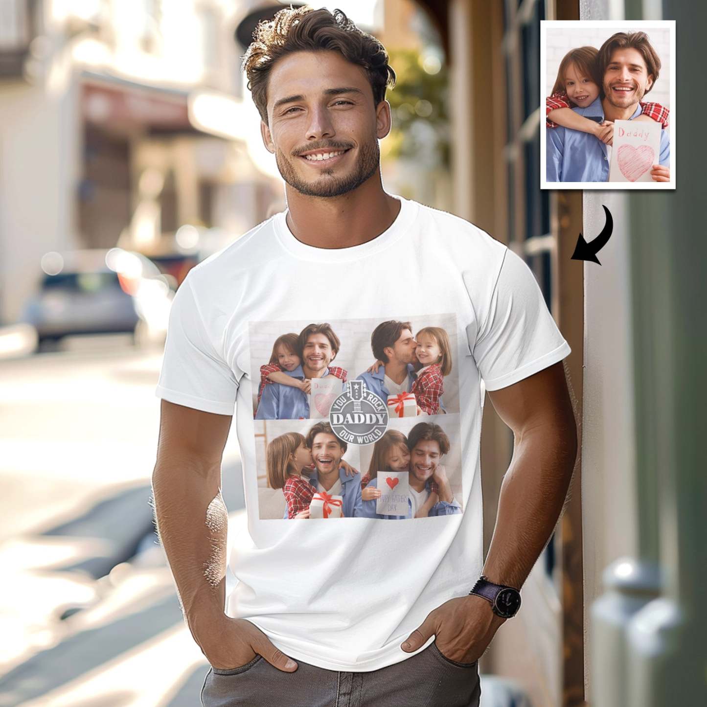 Benutzerdefiniertes T-shirt Mit 4 Fotos, Personalisiertes Foto-t-shirt „you Rock Our World“, Vatertagsgeschenk, Familien-t-shirt - FotoSocken