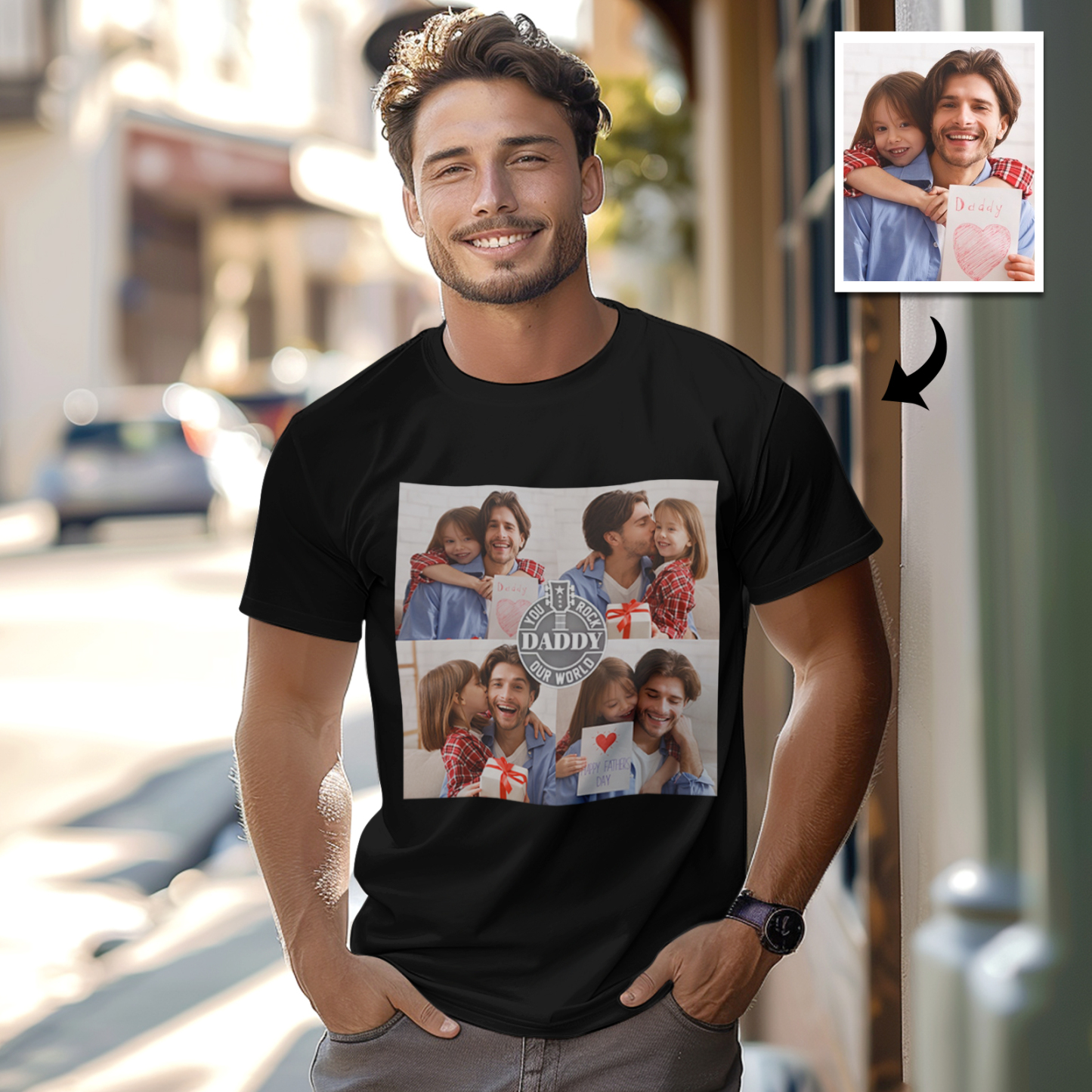 Benutzerdefiniertes T-shirt Mit 4 Fotos, Personalisiertes Foto-t-shirt „you Rock Our World“, Vatertagsgeschenk, Familien-t-shirt - FotoSocken