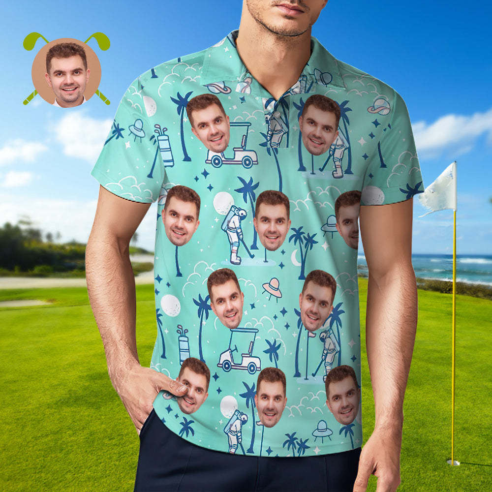 Benutzerdefiniertes Herren-gesichts-hawaii-poloshirt, Astronauten-golfgrün-poloshirt