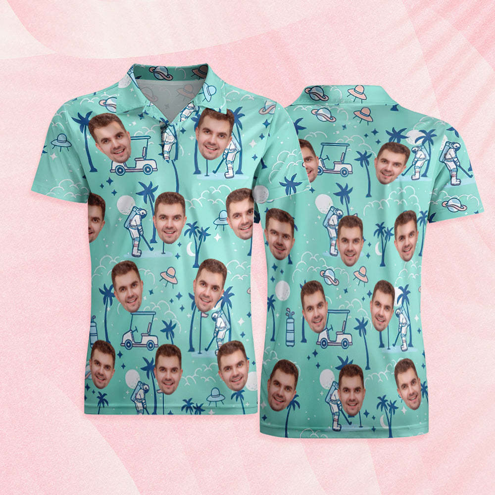 Benutzerdefiniertes Herren-gesichts-hawaii-poloshirt, Astronauten-golfgrün-poloshirt - FotoSocken
