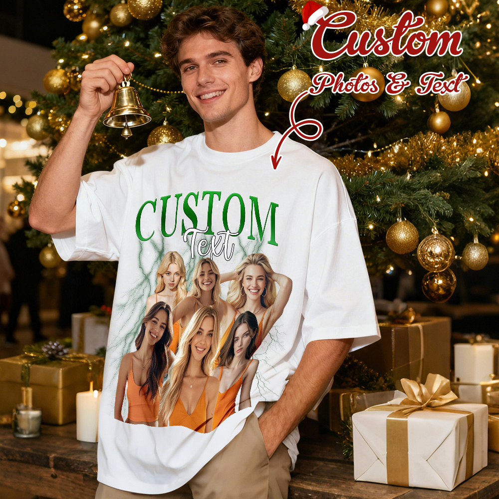 Individuell Gestaltetes Vintage-foto-t-shirt – Personalisiertes Weihnachtsshirt Mit Namen – Einzigartiges Geschenk Für Partner, Familie Oder Freunde - FotoSocken