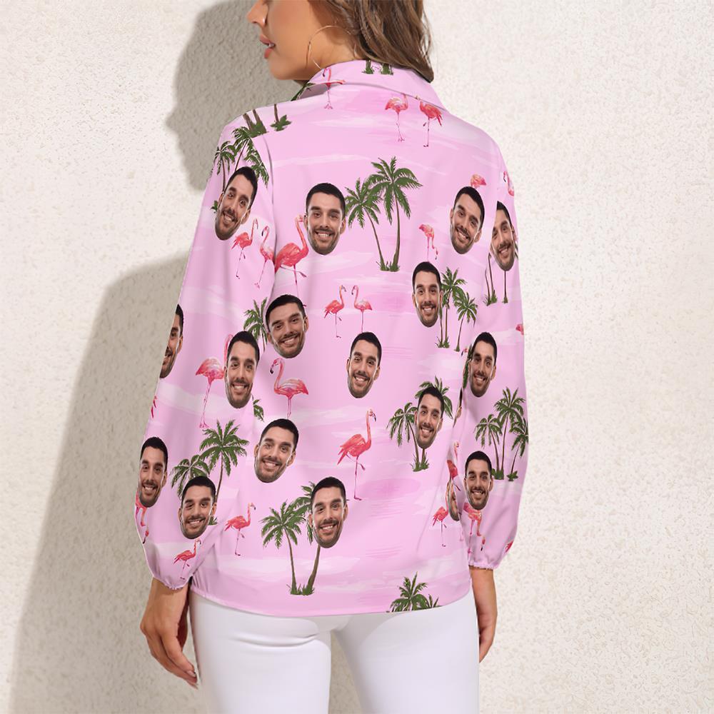 Kundenspezifisches Katzen-gesichts-hawaii-hemd-rosa-flamingo-weinlese-lange Hülsen-hawaii-hemden Für Frauen -