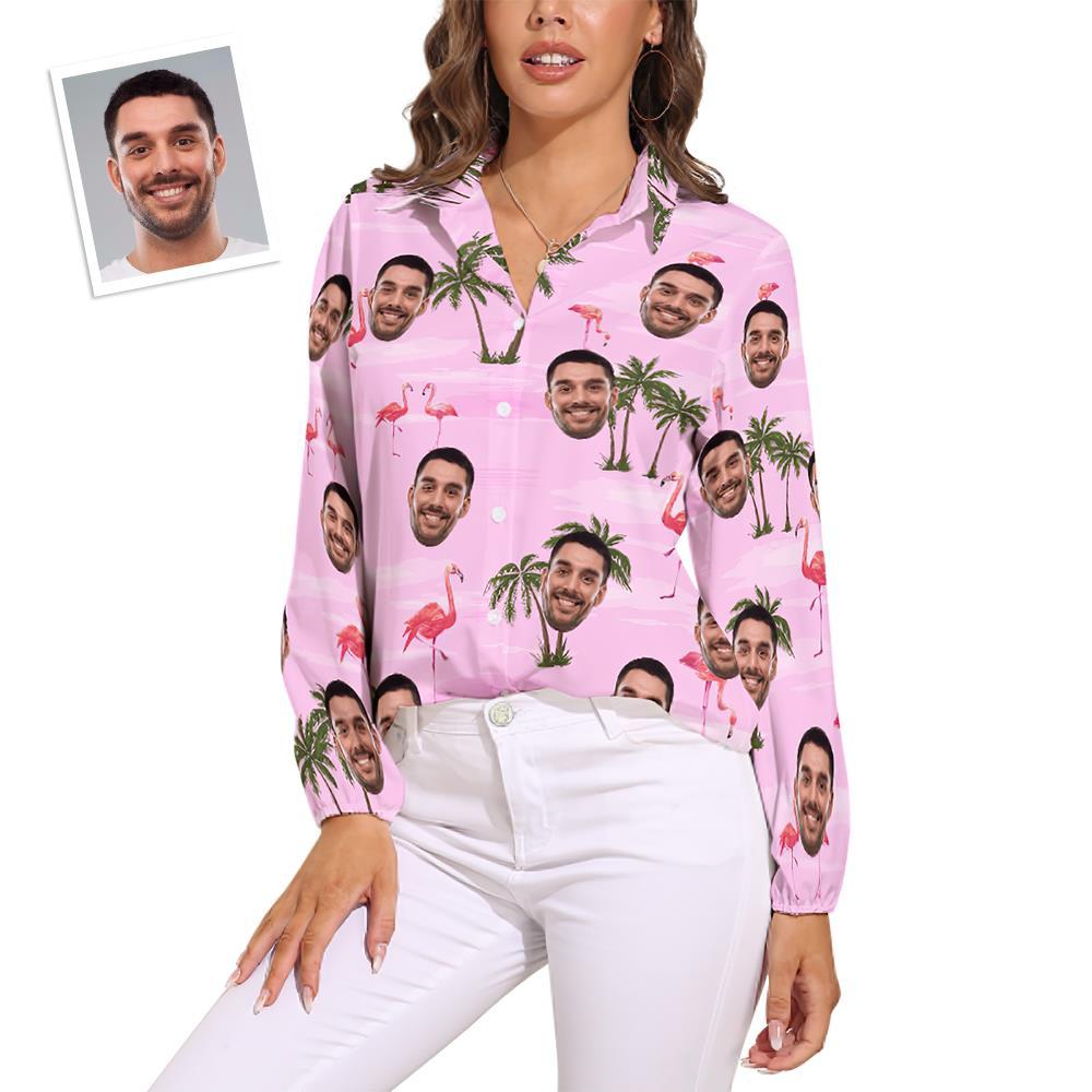 Kundenspezifisches Katzen-gesichts-hawaii-hemd-rosa-flamingo-weinlese-lange Hülsen-hawaii-hemden Für Frauen -