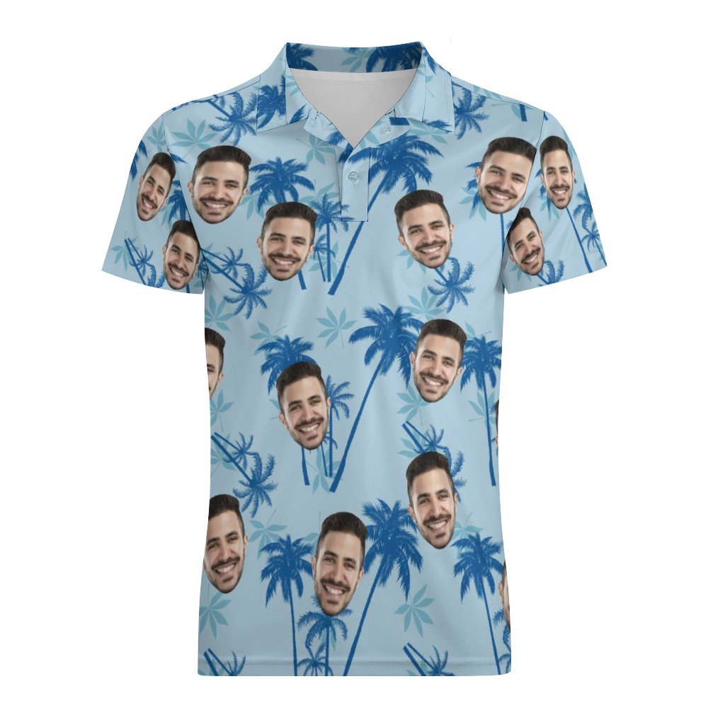 Herren-poloshirt Mit Individuellem Gesicht, Personalisierte Hellblaue Hawaiianische Golf-shirts -