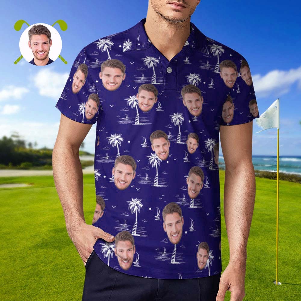 Personalisiertes Gesichts-poloshirt Für Männer, Kokosnussbaum-insel, Personalisierte Hawaiianische Golf-shirts -