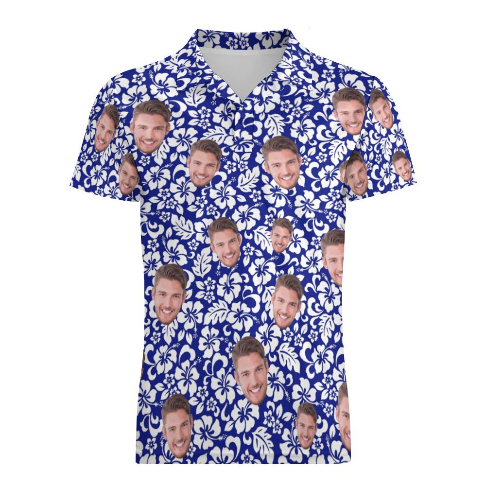 Benutzerdefiniertes Gesichts-poloshirt Für Männer, Personalisierte Blaue Hawaiianische Golf-shirts -