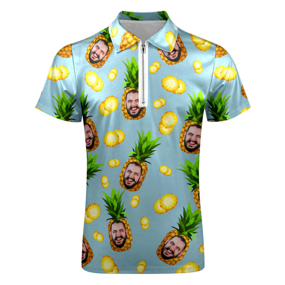 Benutzerdefiniertes Gesichts-poloshirt Mit Reißverschluss, Personalisiertes, Lustiges Ananas-muster-herren-poloshirt -