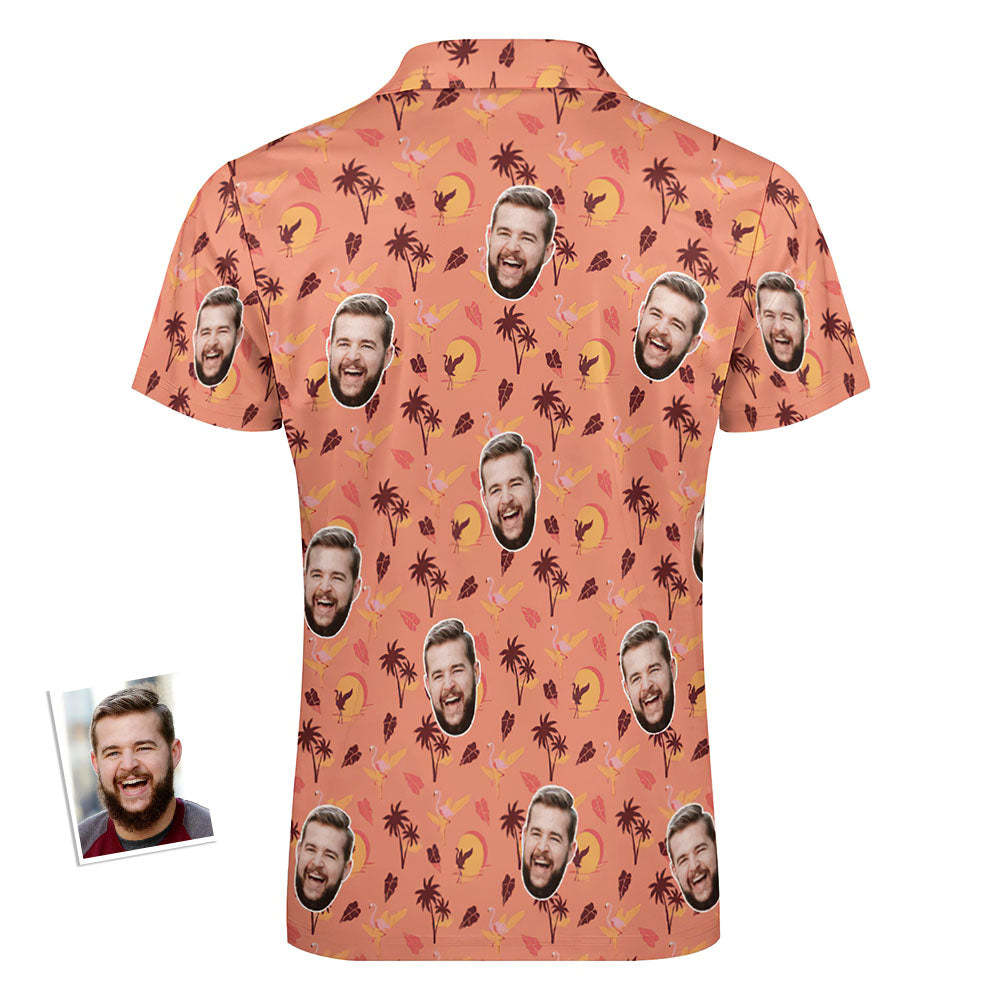 Benutzerdefiniertes Flamingo Tropical Sunset Herren-poloshirt, Personalisiertes Gesicht, Lustiges Poloshirt Mit Reißverschluss -