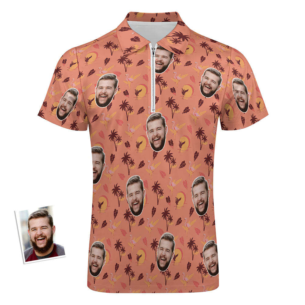Benutzerdefiniertes Flamingo Tropical Sunset Herren-poloshirt, Personalisiertes Gesicht, Lustiges Poloshirt Mit Reißverschluss -