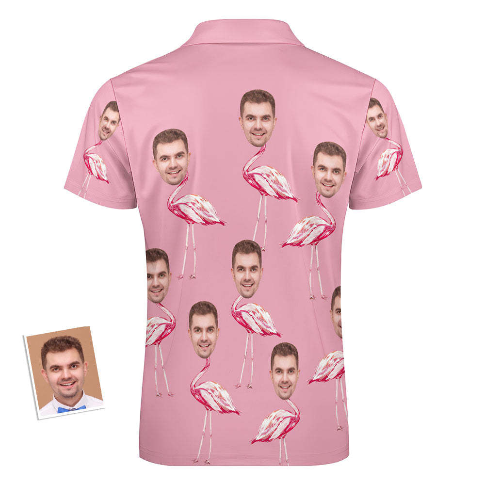 Benutzerdefiniertes Rosa Flamingo-poloshirt Für Herren, Personalisiertes Gesicht, Lustiges Poloshirt Mit Reißverschluss -