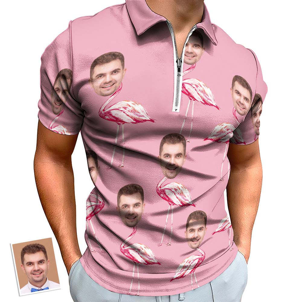 Benutzerdefiniertes Rosa Flamingo-poloshirt Für Herren, Personalisiertes Gesicht, Lustiges Poloshirt Mit Reißverschluss -