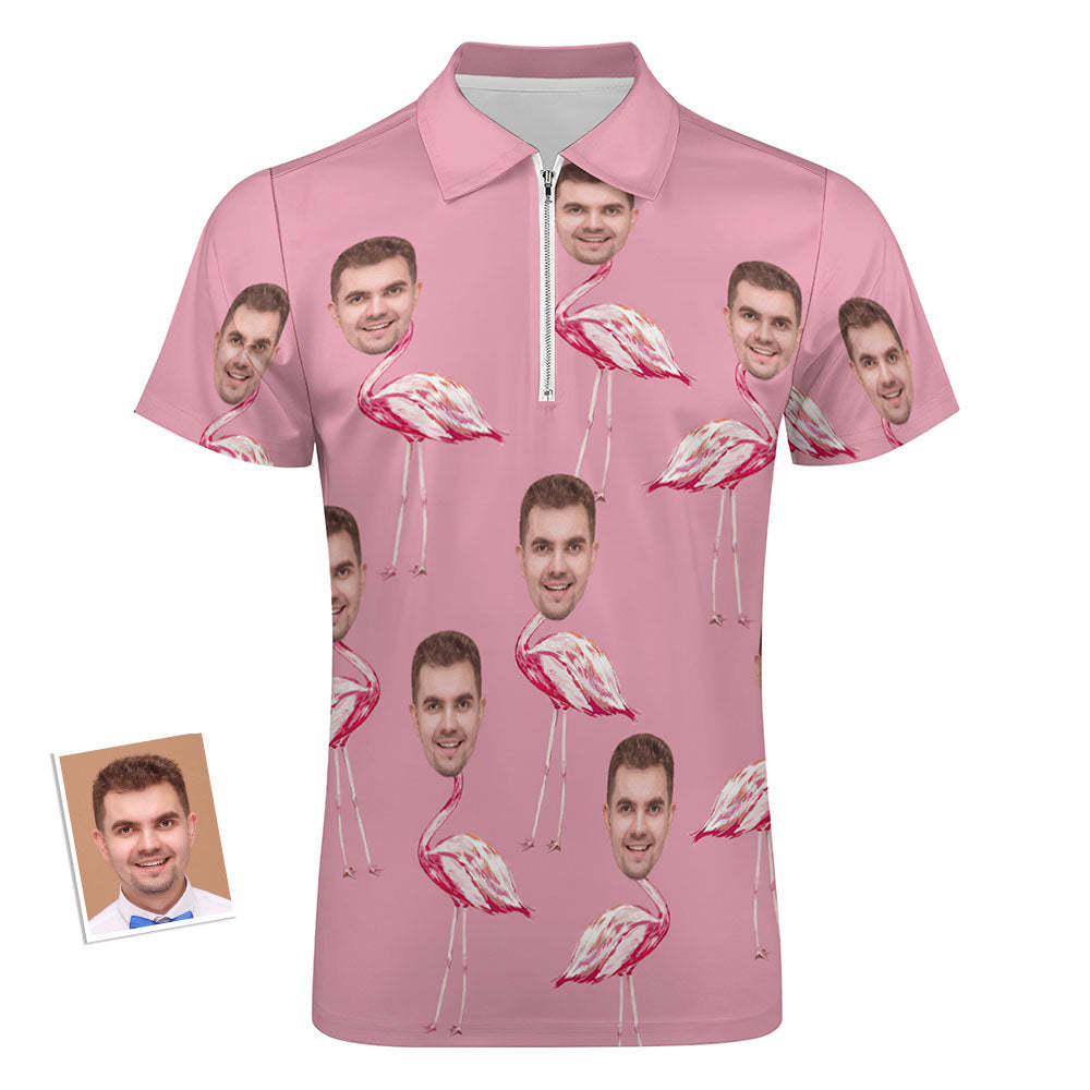 Benutzerdefiniertes Rosa Flamingo-poloshirt Für Herren, Personalisiertes Gesicht, Lustiges Poloshirt Mit Reißverschluss -