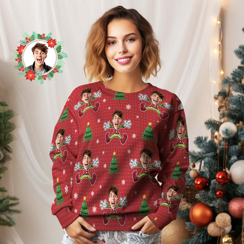 Custom Face Unisex-weihnachts-sweatshirt, Lässiges Kleines Elfen-bedrucktes Foto-rundhalsshirt - 