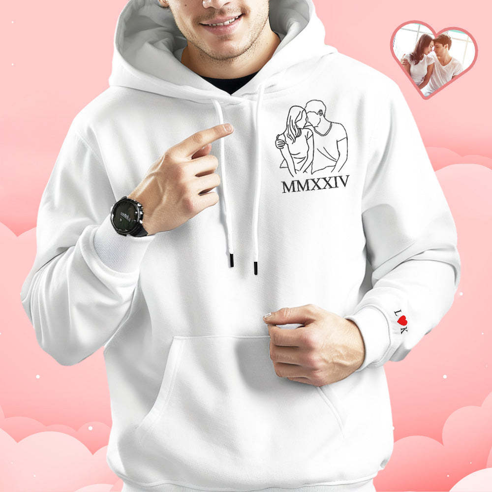 Individuell Bestickter Foto-umriss-hoodie Mit Römischen Ziffern, Sweatshirt-geschenke Für Paare - 