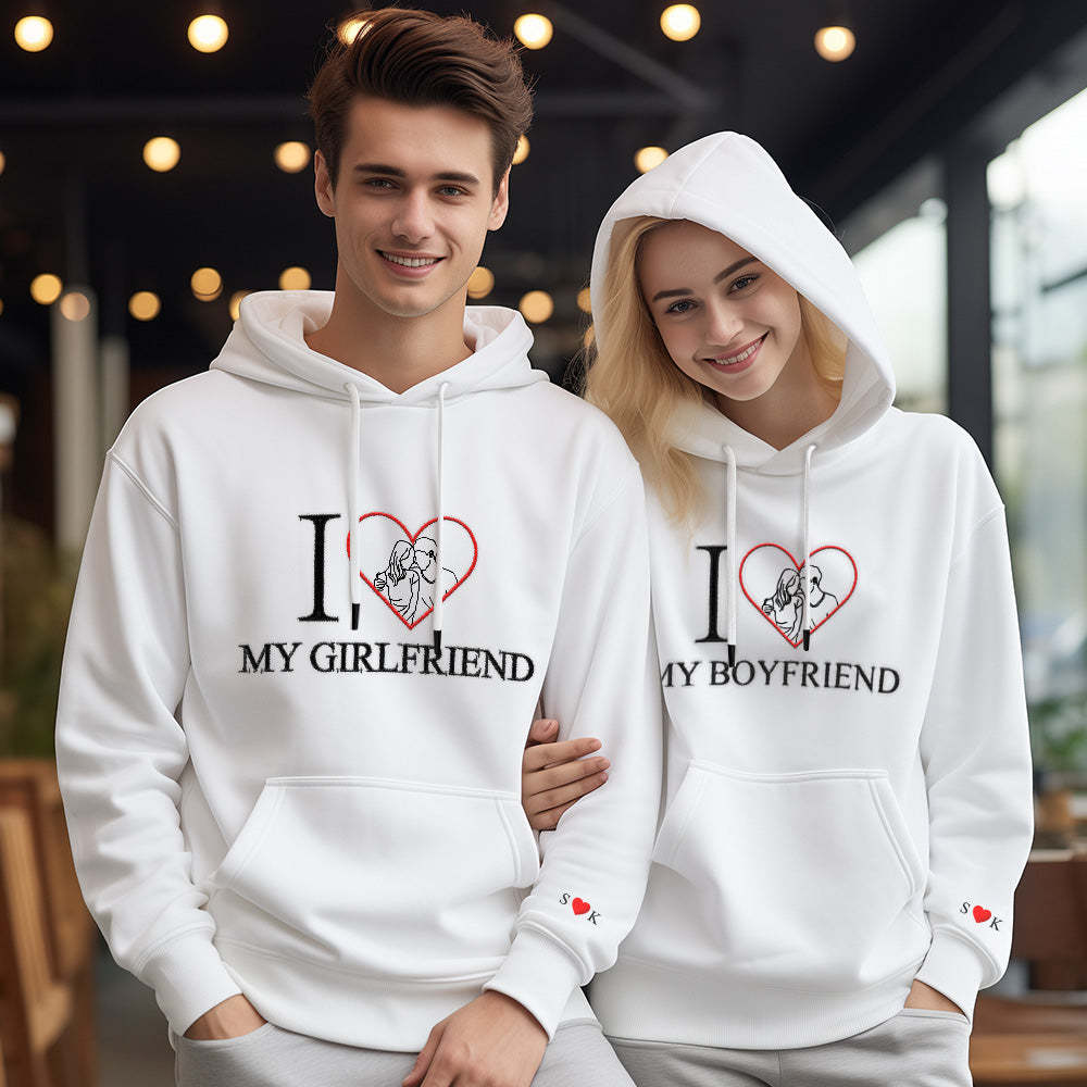 Personalisierter Bestickter Foto-umriss-hoodie Mit Rotem Herz, Individuelles Bild-portrait-sweatshirt, Valentinstagsgeschenk - 
