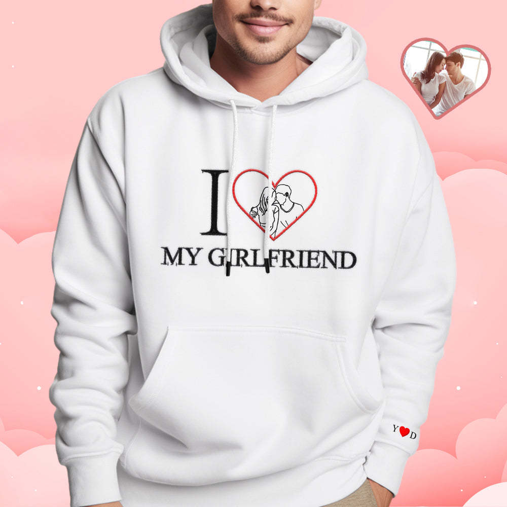 Personalisierter Bestickter Foto-umriss-hoodie Mit Rotem Herz, Individuelles Bild-portrait-sweatshirt, Valentinstagsgeschenk - 