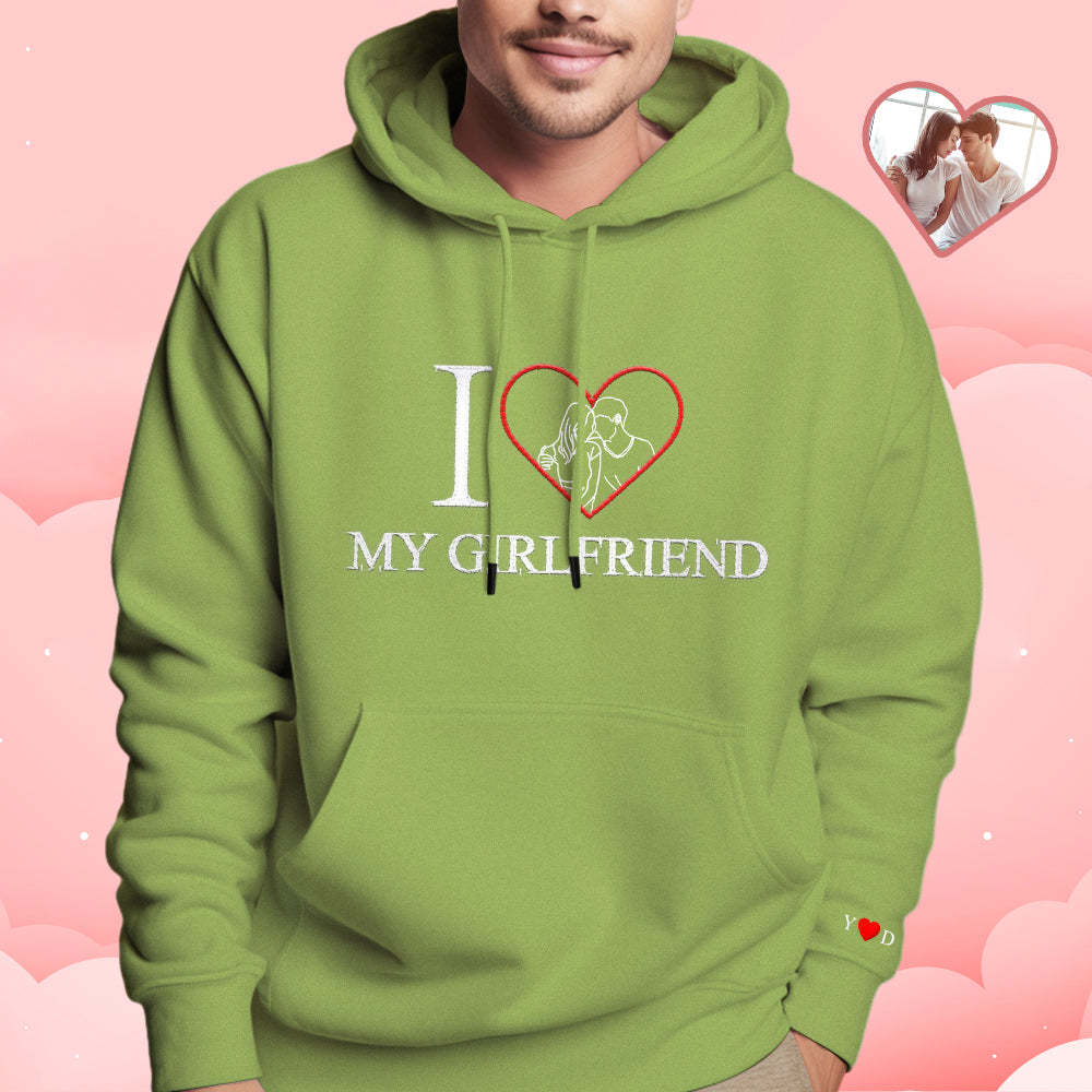 Personalisierter Bestickter Foto-umriss-hoodie Mit Rotem Herz, Individuelles Bild-portrait-sweatshirt, Valentinstagsgeschenk - 