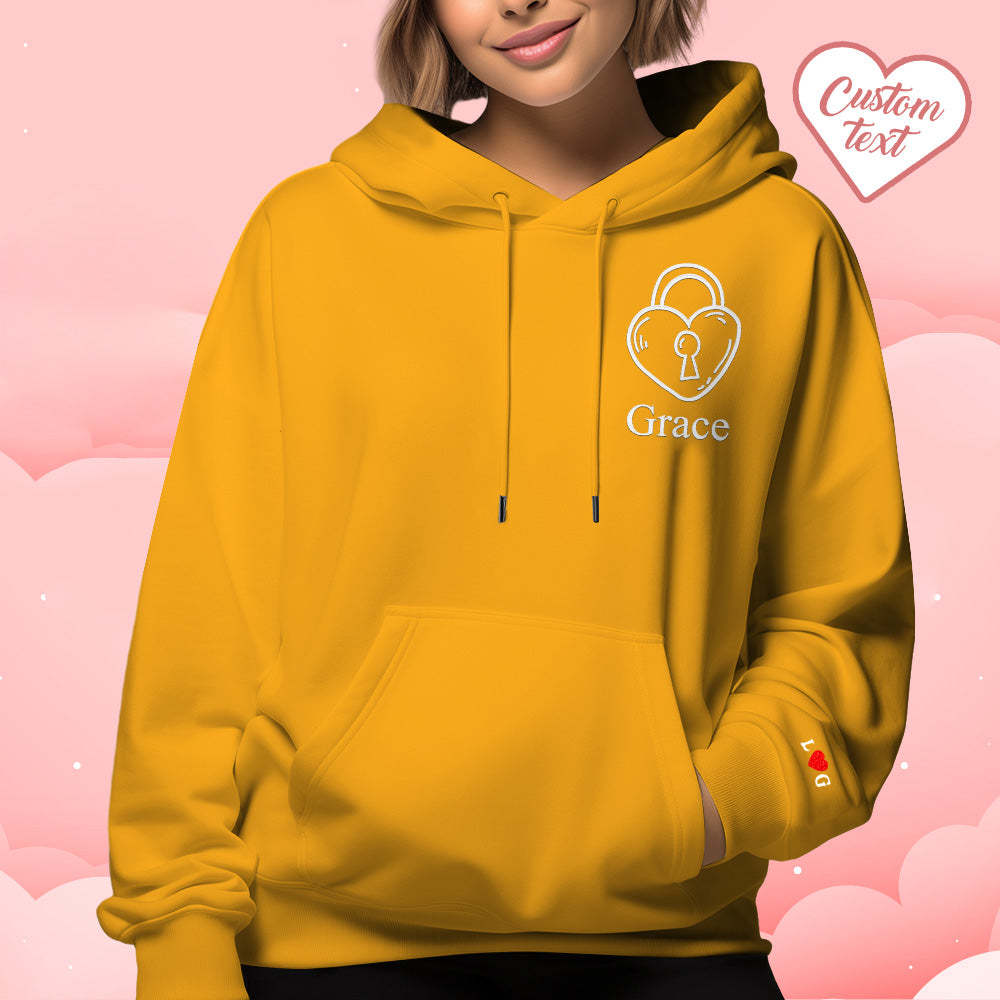 Benutzerdefinierter Text Bestickter Kapuzenpullover, Stilvolles Herz-schlüssel- Und Schloss-set-sweatshirt, Valentinstagsgeschenk Für Paare - 