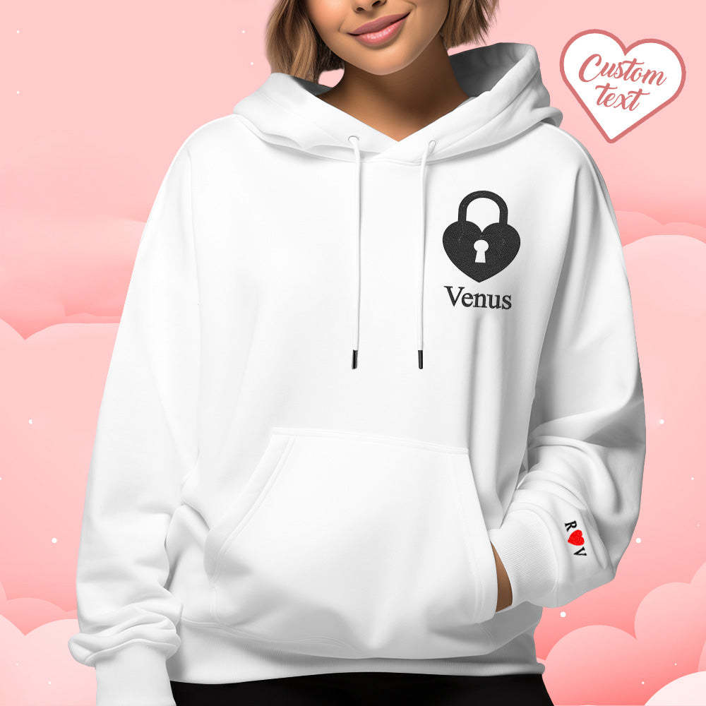 Personalisierter Text Bestickter Kapuzenpullover, Bedeutungsvolles Herz-schlüssel- Und Schloss-set, Paar-sweatshirt - 