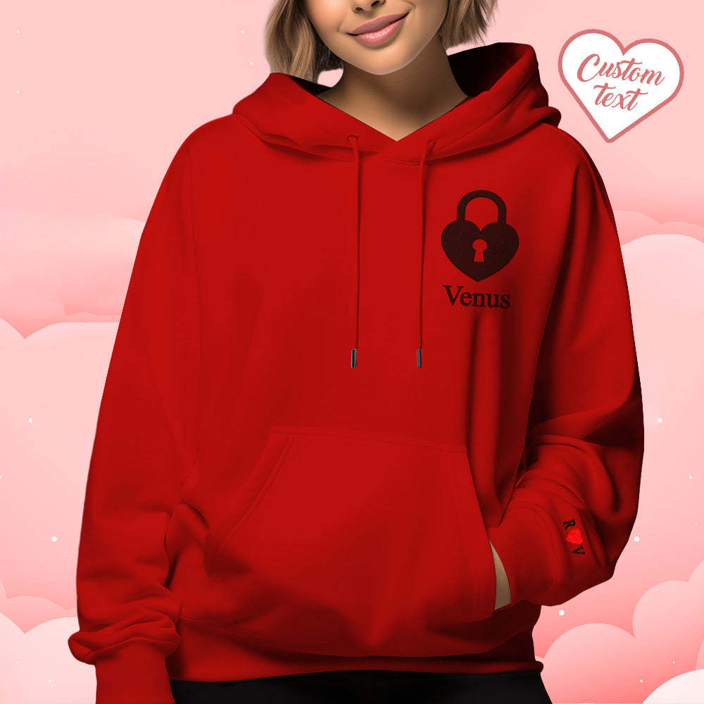 Personalisierter Text Bestickter Kapuzenpullover, Bedeutungsvolles Herz-schlüssel- Und Schloss-set, Paar-sweatshirt - 