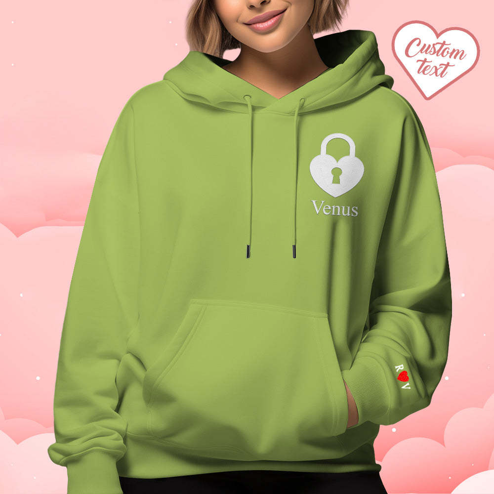 Personalisierter Text Bestickter Kapuzenpullover, Bedeutungsvolles Herz-schlüssel- Und Schloss-set, Paar-sweatshirt - 