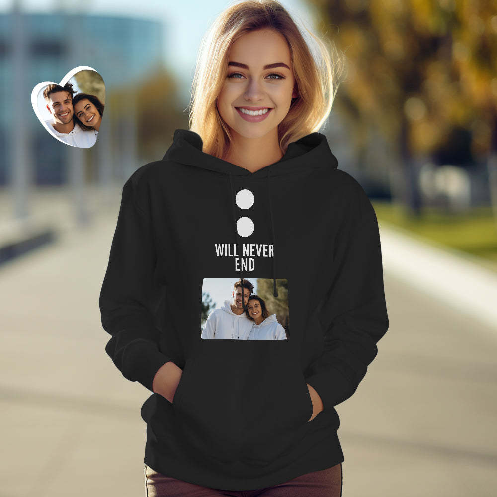 Personalisiertes Foto-lustiges Paar-passende Kapuzenpullover „unsere Geschichten Werden Nie Enden“-personalisierter Kapuzenpullover Als Valentinstagsgeschenk - 