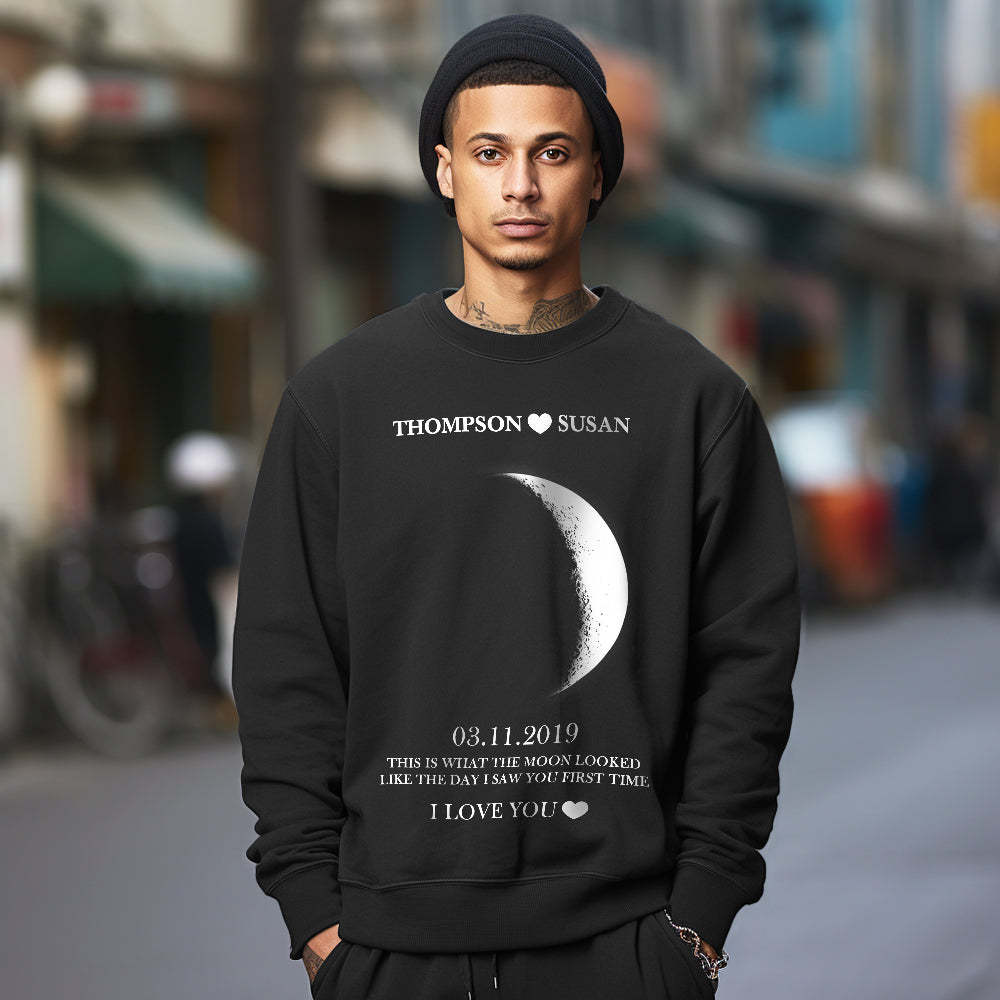 Personalisiertes Mondphasen-unisex-sweatshirt Mit Rundhalsausschnitt, Personalisierte Namen, Rundhals-sweatshirt, Valentinstagsgeschenke Für Paare - 