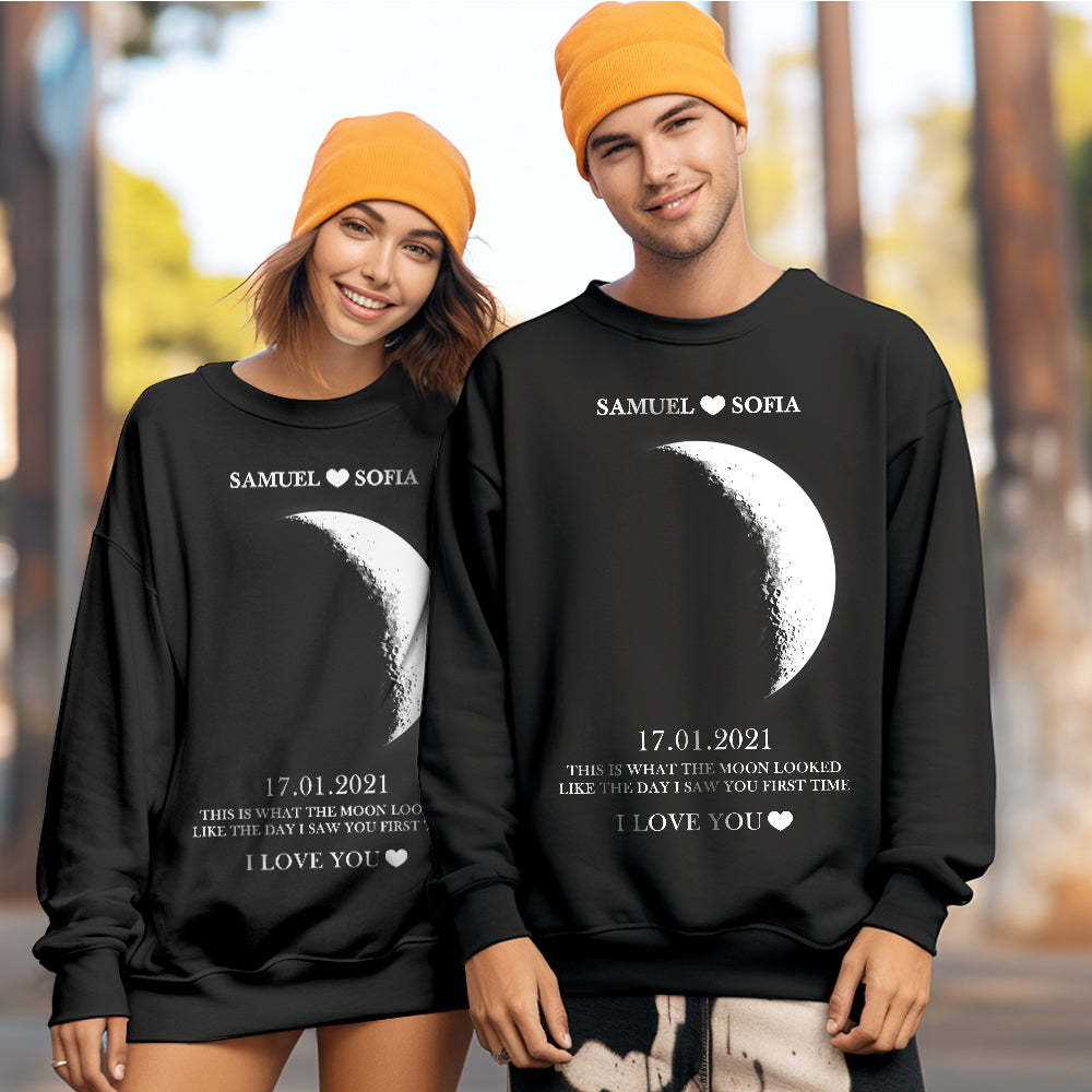 Personalisiertes Mondphasen-unisex-sweatshirt Mit Rundhalsausschnitt, Personalisierte Namen, Rundhals-sweatshirt, Valentinstagsgeschenke Für Paare - 