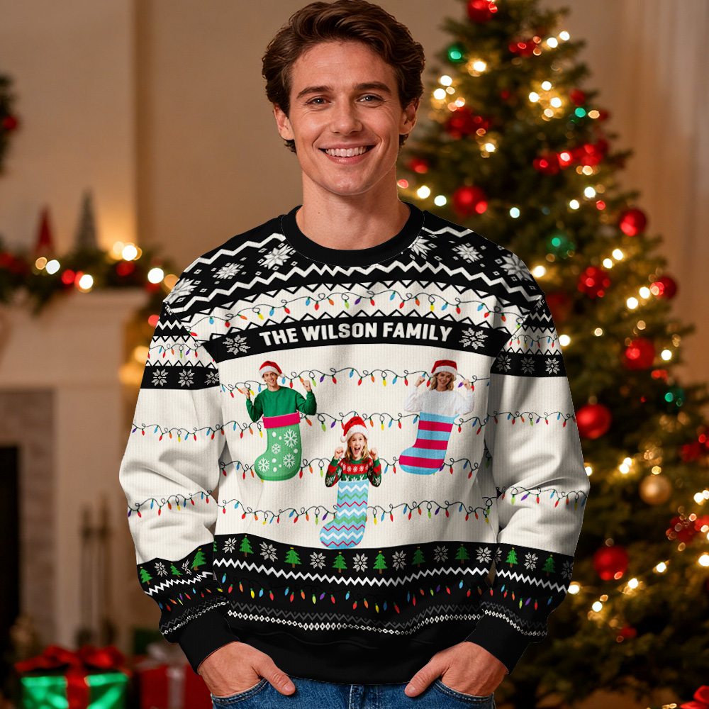 Benutzerdefiniertes Gesicht Rundhals-kapuzenpullover, Personalisiertes Foto, Weihnachtsgeschenke Für Die Familie, Hässlicher Pullover, Weihnachts-leds, Unisex-kapuzenpullover