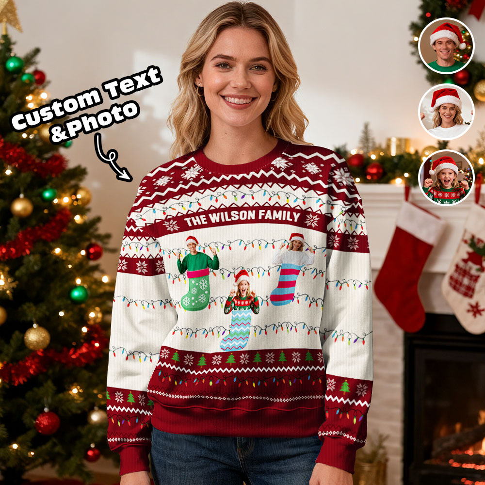 Benutzerdefiniertes Gesicht Rundhals-kapuzenpullover, Personalisiertes Foto, Weihnachtsgeschenke Für Die Familie, Hässlicher Pullover, Weihnachts-leds, Unisex-kapuzenpullover - FotoSocken