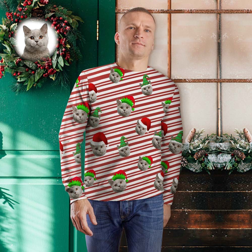 Benutzerdefiniertes Gesicht Unisex Weihnachten Sweatshirt Lässige Santa Elf Mützen Streifen Crewneck Shirt - 