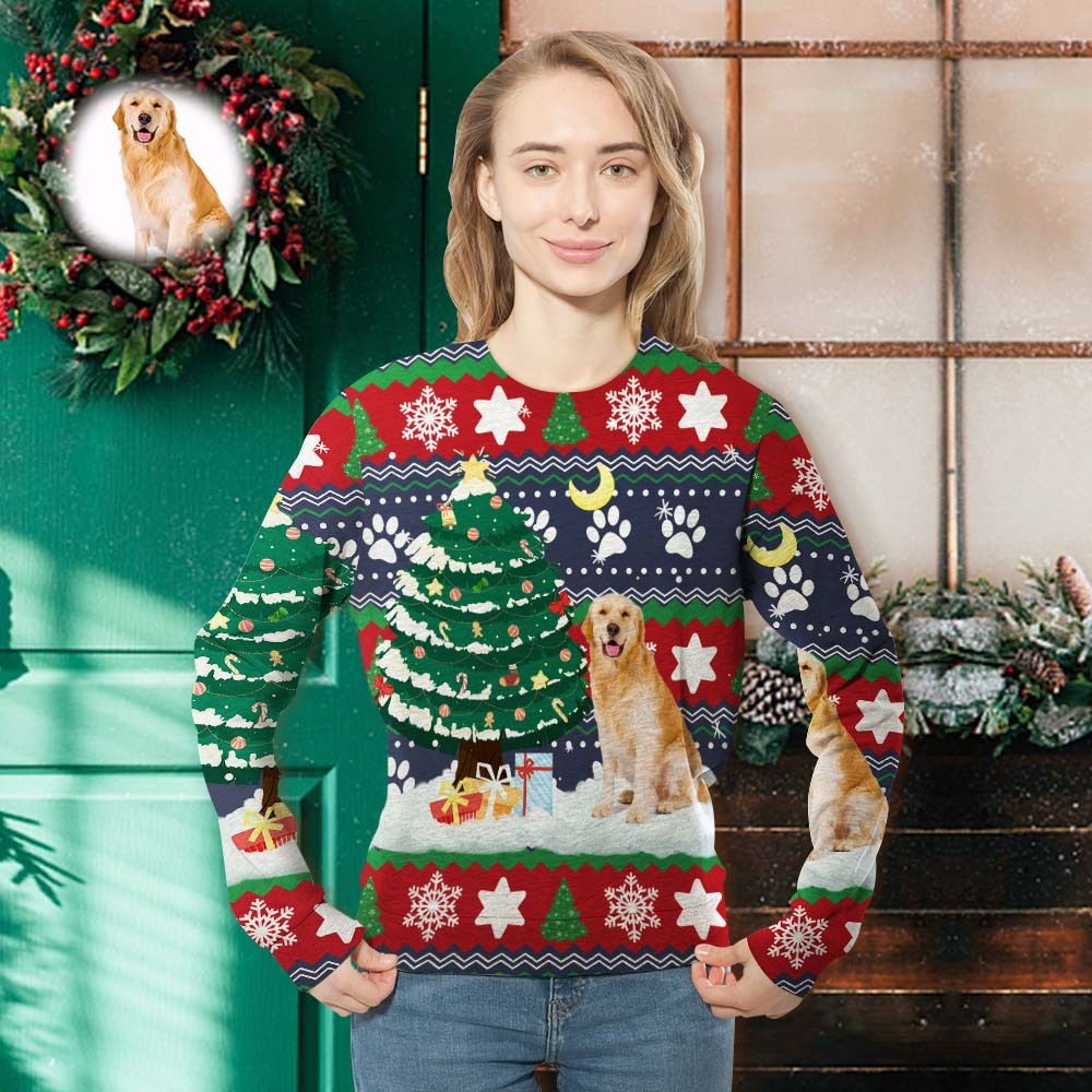 Benutzerdefiniertes Gesicht Unisex Weihnachten Sweatshirt Lässiger Weihnachtsbaum Personalisiertes Hundefoto Crewneck Shirt -
