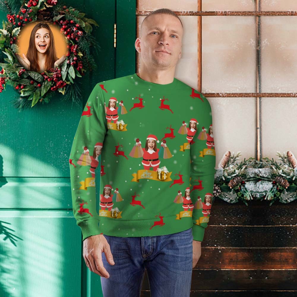 Benutzerdefiniertes Gesicht Unisex Weihnachten Sweatshirt Lässige Personalisierte Gesicht Elch Schneeflocke -