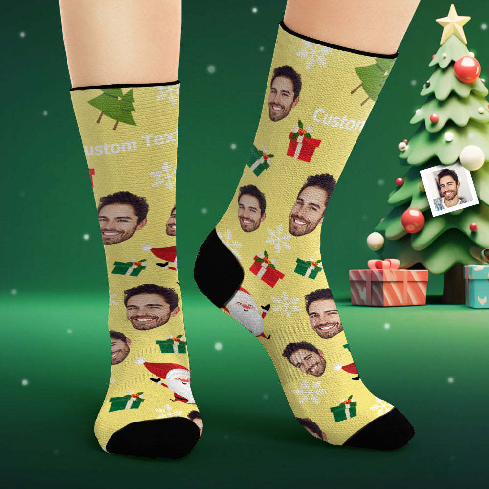 Benutzerdefinierte Gesichtssocken, Personalisiertes Foto, Gelbe Socken, Süßer Weihnachtsmann -