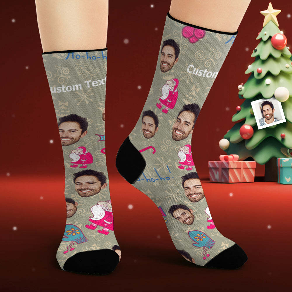 Benutzerdefinierte Gesichtssocken, Personalisierte Fotosocken, Lustiger Weihnachtsmann, Frohe Weihnachten - 