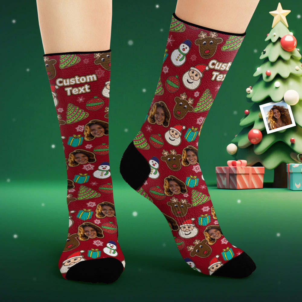 Benutzerdefinierte Gesichtssocken, Personalisierte Fotosocken, Weihnachten, Süßer Schneemann Und Elch -