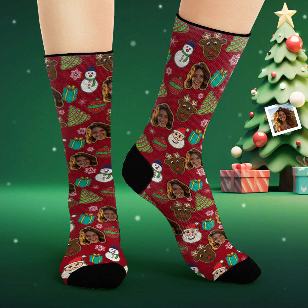 Benutzerdefinierte Gesichtssocken, Personalisierte Fotosocken, Weihnachten, Süßer Schneemann Und Elch - 