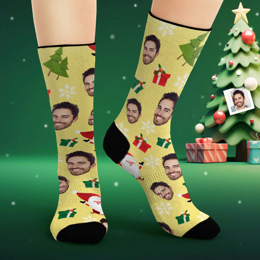 Benutzerdefinierte Gesichtssocken, Personalisiertes Foto, Gelbe Socken, Süßer Weihnachtsmann -