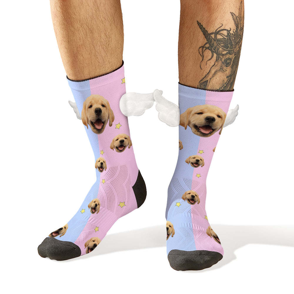 Benutzerdefinierte Hundegesichtssocken Rosa Und Blaue 3d-magnetflügelsocken Für Haustierliebhaber - 