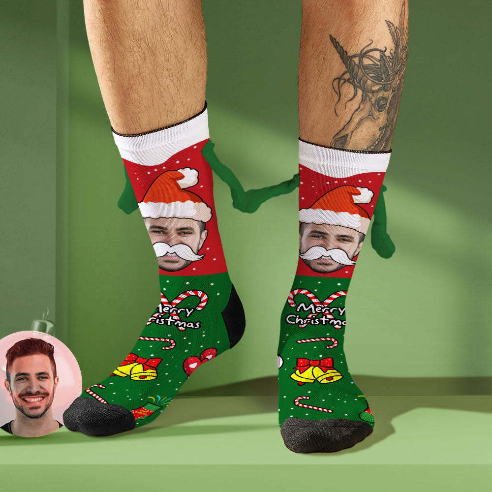 Benutzerdefinierte Weihnachtsmann-gesichtssocken, Lustige Puppen-mittelröhrensocken, Magnetische Hände Haltende Socken, Frohe Weihnachten - 