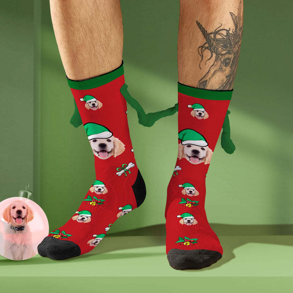 Benutzerdefinierte Hundegesichtssocken Mit Weihnachtsmütze, Lustige Puppe, Mittlere Röhrensocken, Magnetisch Haltende Hände, Socken, Weihnachtsgeschenke - 