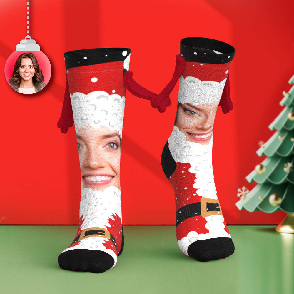 Benutzerdefinierte Santa Face Socken Lustige Puppe Mid Tube Socken Magnetische Haltende Hände Socken Weihnachtsgeschenke -