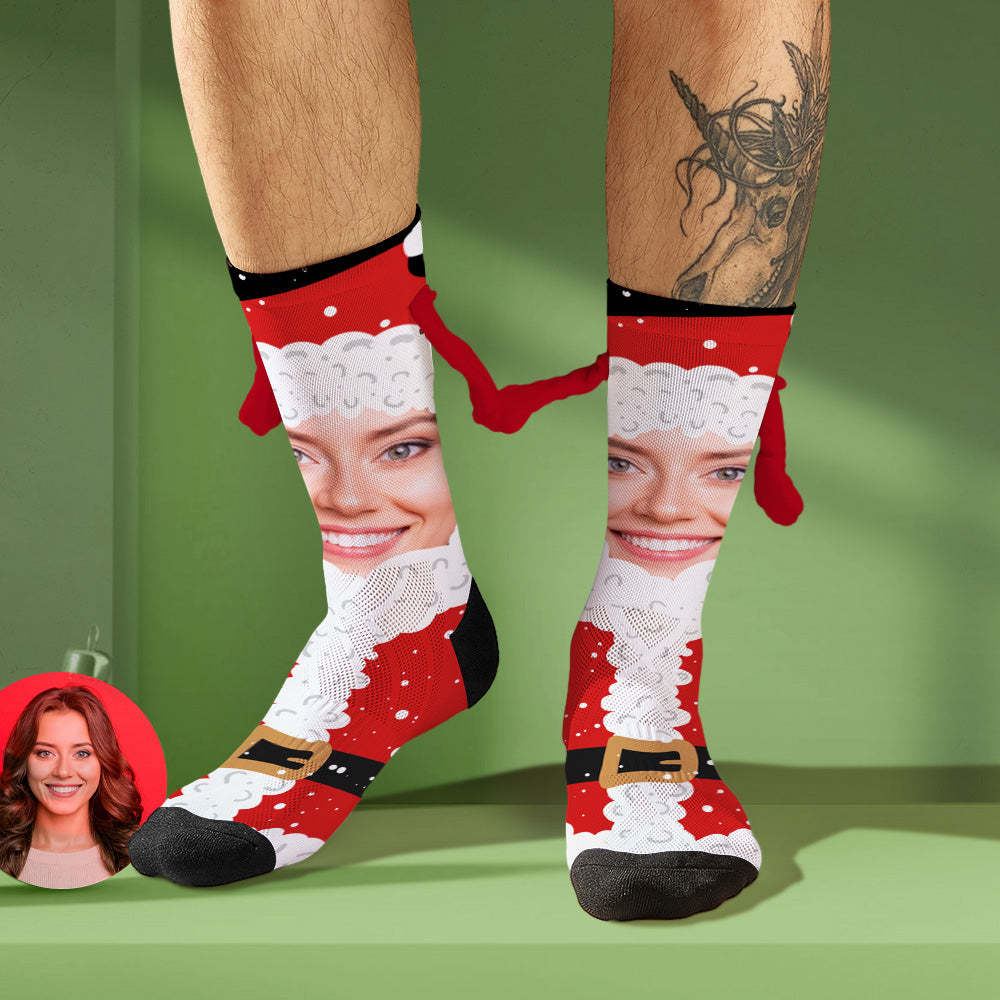 Benutzerdefinierte Santa Face Socken Lustige Puppe Mid Tube Socken Magnetische Haltende Hände Socken Weihnachtsgeschenke -