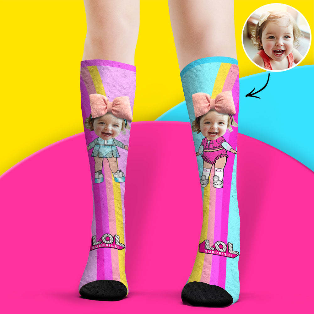 Benutzerdefinierte Gesichtssocken, Kniehohe Socken, 3d-socken Mit Süßer Schleife Und Cartoon-motiv - 