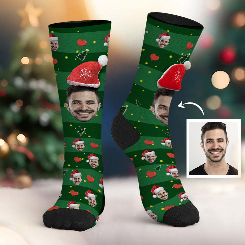 Benutzerdefinierte Gesichtssocken, Personalisierte 3d-weihnachtsmannmütze, Grüne Socken, Weihnachtsgeschenke - 