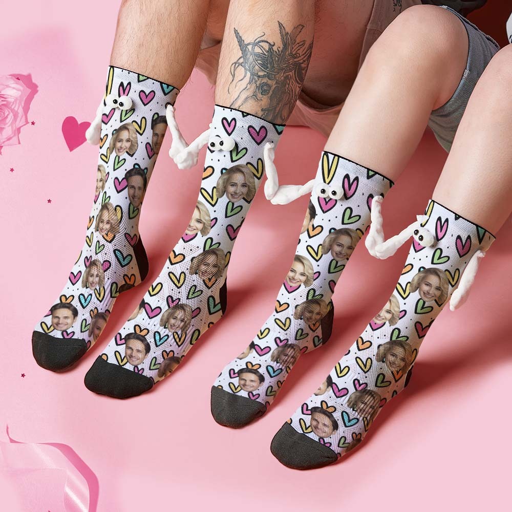 Benutzerdefinierte Gesichtssocken, Lustige Puppen-mid-tube-socken, Magnetische Hände Haltende Socken, Bunte Herzen, Valentinstagsgeschenke - 