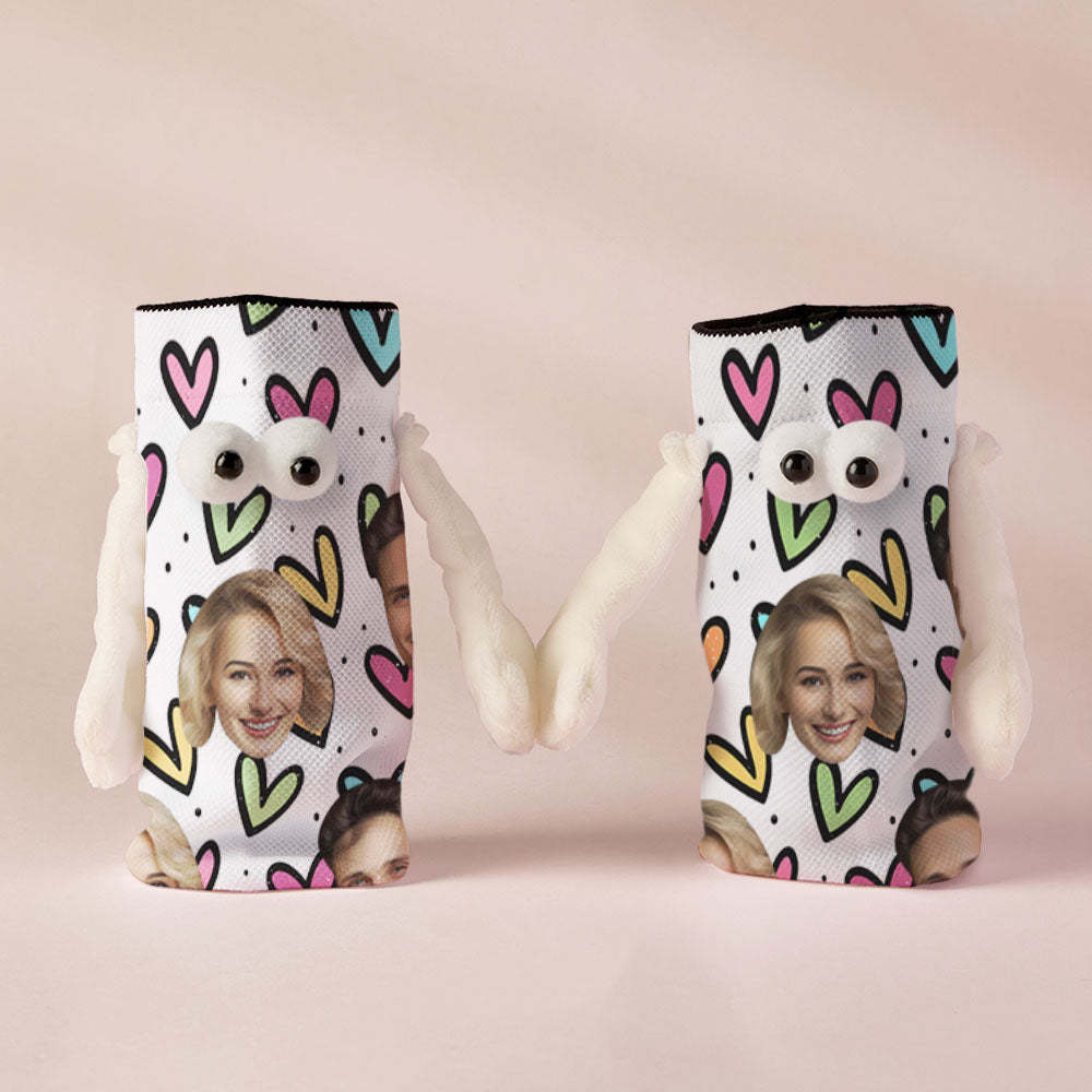 Benutzerdefinierte Gesichtssocken, Lustige Puppen-mid-tube-socken, Magnetische Hände Haltende Socken, Bunte Herzen, Valentinstagsgeschenke - 