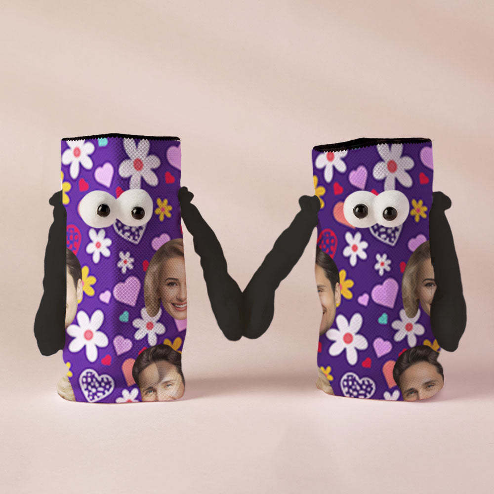 Benutzerdefinierte Gesichtssocken Lustige Puppe Mid Tube Lila Socken Magnetische Hände Haltende Socken Kleine Gänseblümchen Valentinstagsgeschenke - 