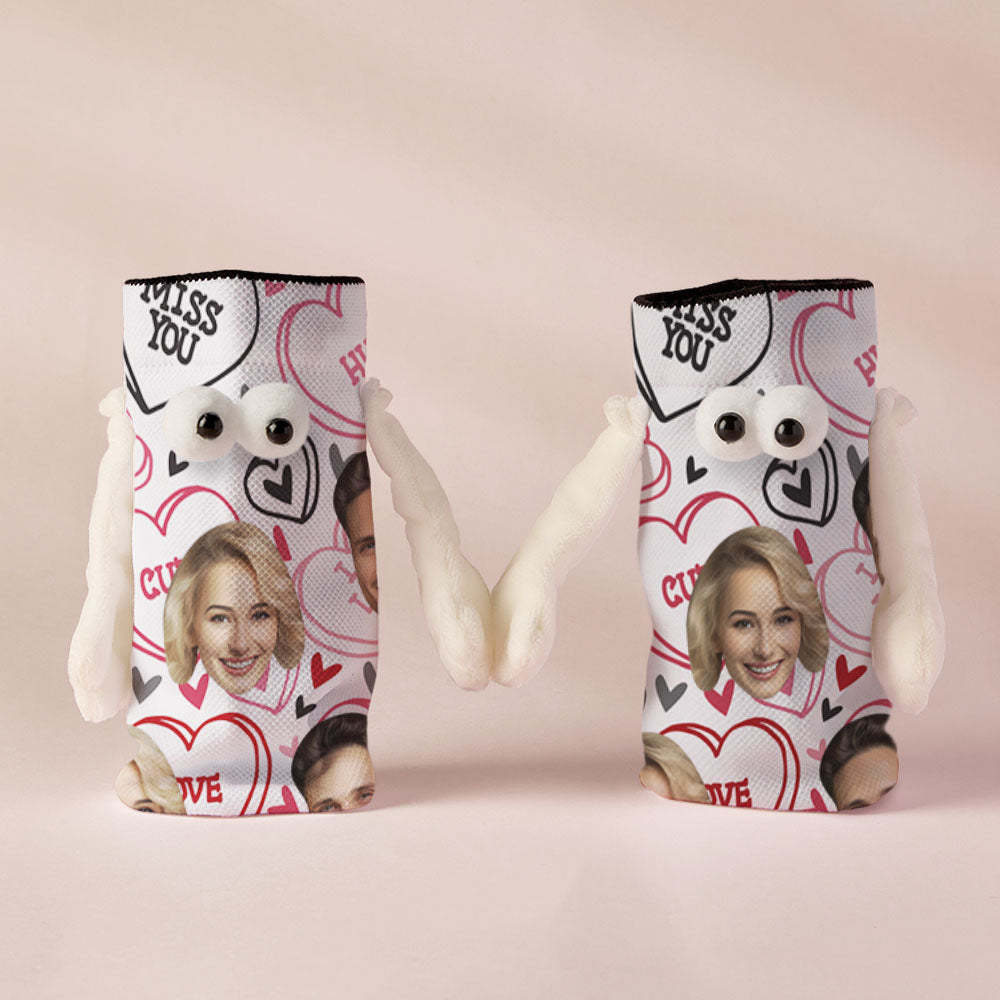Benutzerdefinierte Gesichtssocken, Lustige Puppen-mid-tube-socken, Magnetische Hände Haltende Socken, Miss You Valentinstagsgeschenke - 